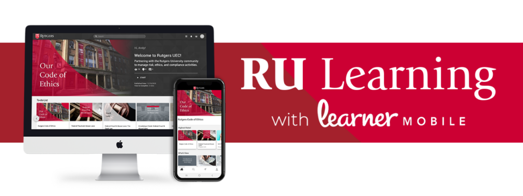 A photo of a computer and mobile phone with a training example. The text RU Learning with learnermobile is in white letters over a red background
