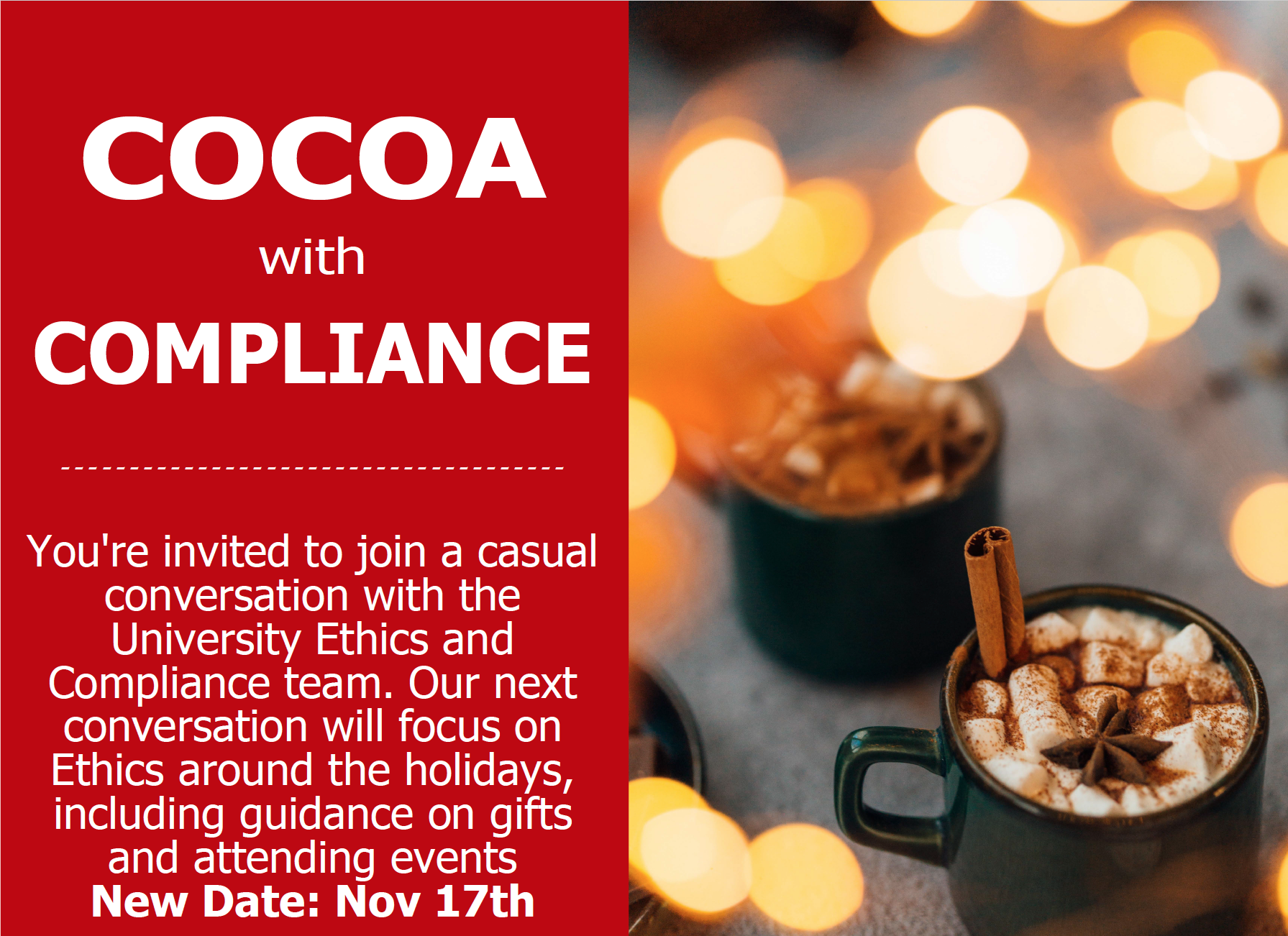 Cocoa with Compliance flyer with picture of hot cocoa